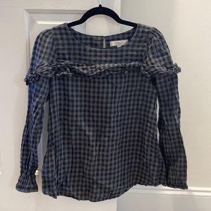 LOFT Black & Gray Gingham Ruffle Cotton Blouse